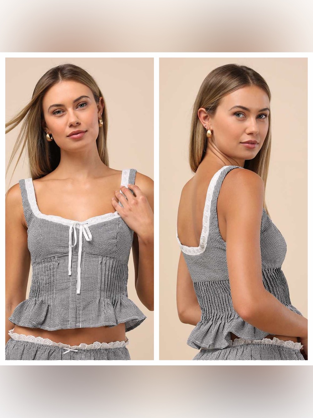 NIA Lemon Black Gingham Pleated Tank Top